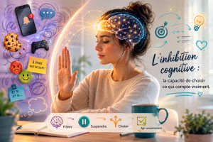 Les effets de l'inhibition cognitive sur l'attention et les fonctions exécutives Illustration de l'inhibition cognitive montrant le rôle des fonctions exécutives dans la concentration et le contrôle des distractions