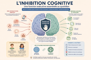 Inhibition cognitive : filtrer les distractions et mieux contrôler ses réactions Illustration représentant l'inhibition cognitive, une fonction exécutive permettant de filtrer les distractions et de mieux contrôler ses réactions.