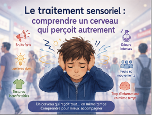 Enfant couvrant ses oreilles au milieu d'un environnement bruyant et lumineux, avec des icônes représentant les différentes sollicitations sensorielles