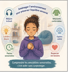 jeune fille dans un espace calme entourée d'icônes représentant des aménagements pour réduire la surcharge sensorielle