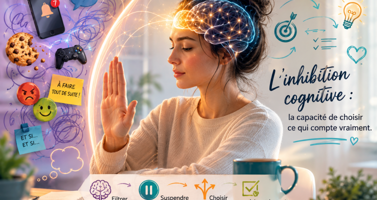 Illustration de l'inhibition cognitive montrant le rôle des fonctions exécutives dans la concentration et le contrôle des distractions