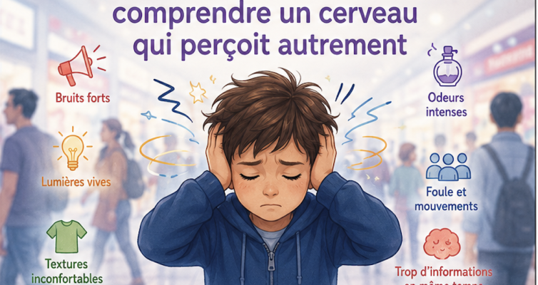 Enfant couvrant ses oreilles au milieu d'un environnement bruyant et lumineux, avec des icônes représentant les différentes sollicitations sensorielles